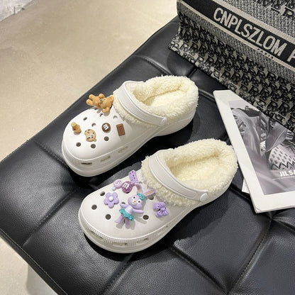 Autumn and winter new velvet thick bottom hole shoes female handmade DIY cartoon Korean version indoor and outdoor two wear a pedal cotton mop