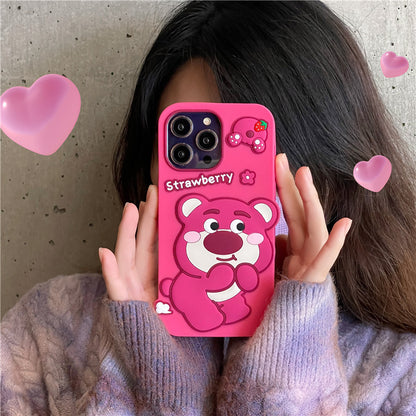 Suitable for iphone14 mobile phone case Apple 13 cartoon three-dimensional strawberry bear silicone Apple 14ProMax mobile phone case