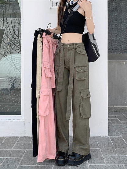2022 new American retro multi-pocket old overalls women's cool street loose slim straight trousers trendy