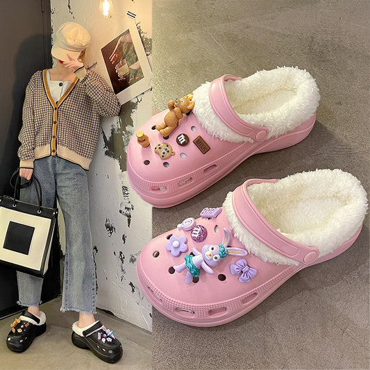 Autumn and winter new velvet thick bottom hole shoes female handmade DIY cartoon Korean version indoor and outdoor two wear a pedal cotton mop