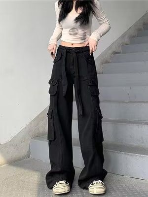 2022 new American retro multi-pocket old overalls women's cool street loose slim straight trousers trendy