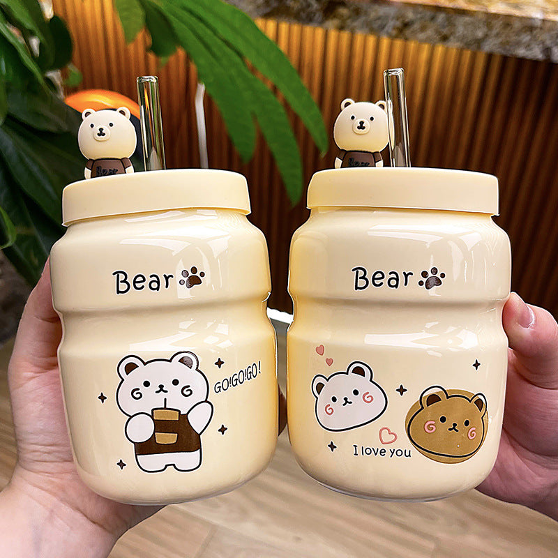 Cartoon Ceramic Straw Cup Cute High-value Bear Water Cup Mug Male and Female Student Household Cup Wholesale