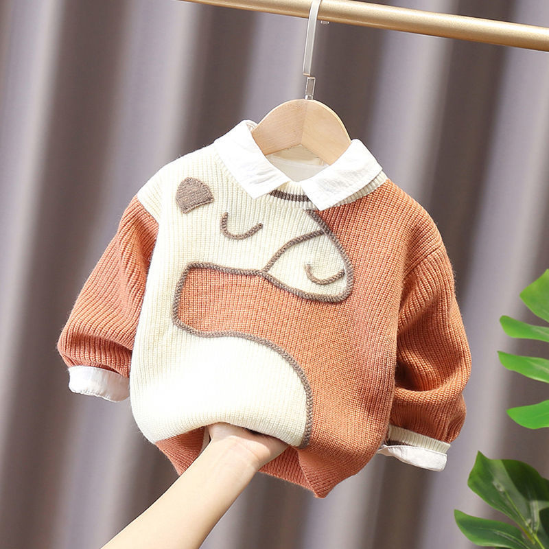 Boys sweater pullover children's knitted sweater thickened foreign style small and medium children's baby coat autumn and winter plus velvet thickening