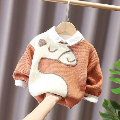 Boys sweater pullover children's knitted sweater thickened foreign style small and medium children's baby coat autumn and winter plus velvet thickening