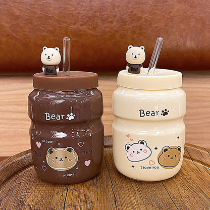 Cartoon Ceramic Straw Cup Cute High-value Bear Water Cup Mug Male and Female Student Household Cup Wholesale