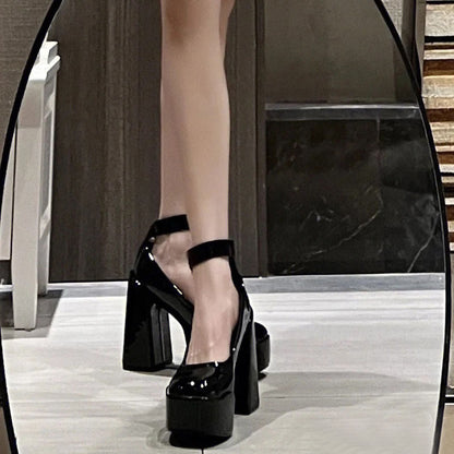 Patent leather round toe super high heel chunky one word buckle single shoes women 2023 spring and autumn European and American waterproof platform shallow mouth Mary Jane shoes