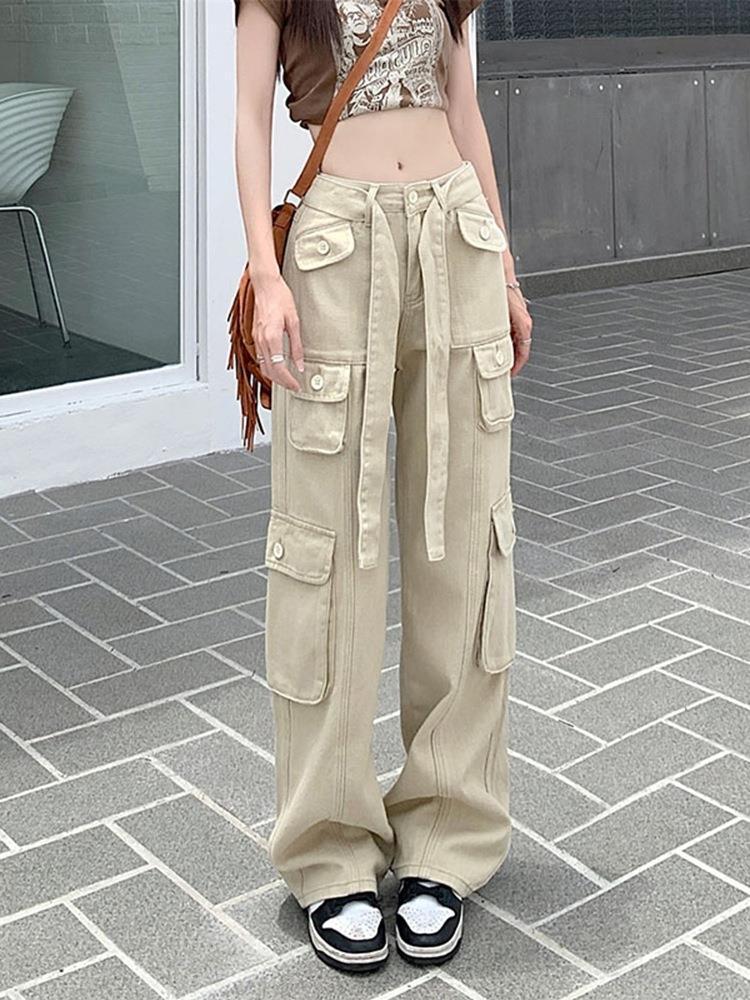 2022 new American retro multi-pocket old overalls women's cool street loose slim straight trousers trendy
