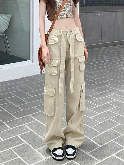 2022 new American retro multi-pocket old overalls women's cool street loose slim straight trousers trendy