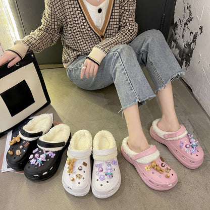Autumn and winter new velvet thick bottom hole shoes female handmade DIY cartoon Korean version indoor and outdoor two wear a pedal cotton mop