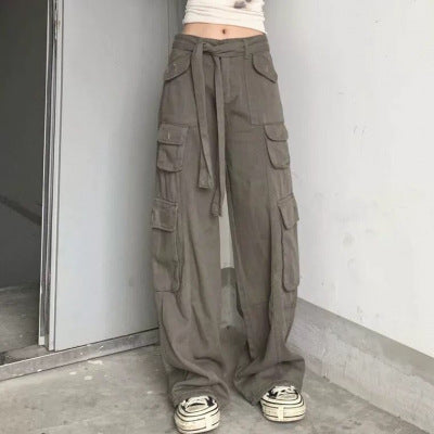 2022 new American retro multi-pocket old overalls women's cool street loose slim straight trousers trendy
