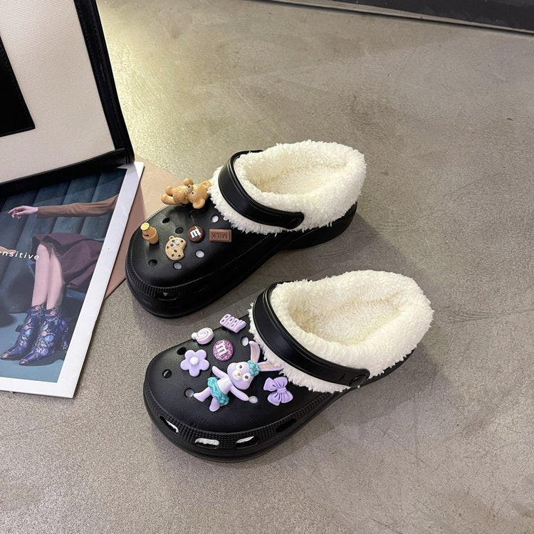 Autumn and winter new velvet thick bottom hole shoes female handmade DIY cartoon Korean version indoor and outdoor two wear a pedal cotton mop