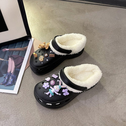 Autumn and winter new velvet thick bottom hole shoes female handmade DIY cartoon Korean version indoor and outdoor two wear a pedal cotton mop