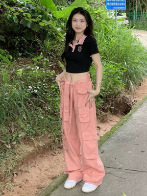 2022 new American retro multi-pocket old overalls women's cool street loose slim straight trousers trendy