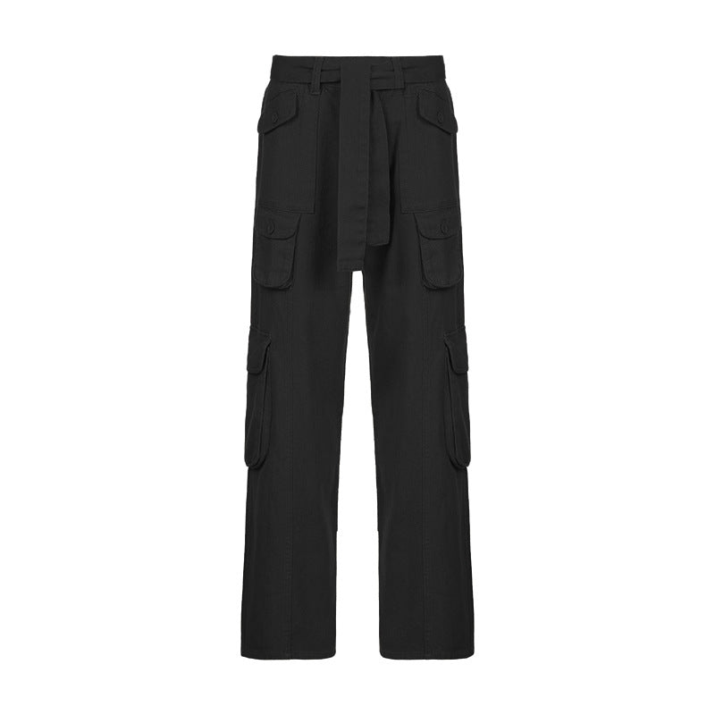 European and American style street hipster women's casual loose drawstring belt high waist pocket gray wide leg denim trousers