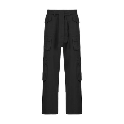 European and American style street hipster women's casual loose drawstring belt high waist pocket gray wide leg denim trousers