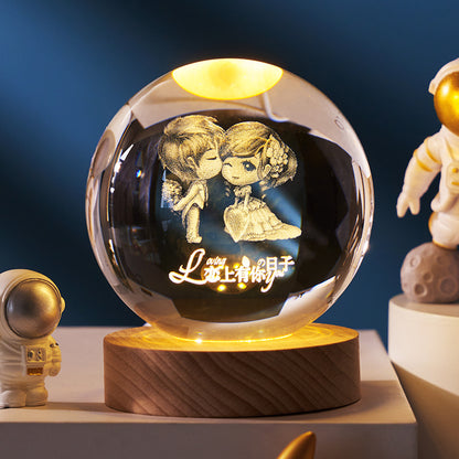 3D inner carved luminous crystal ball creative decoration cosmic whale moon astronaut galaxy birthday gift