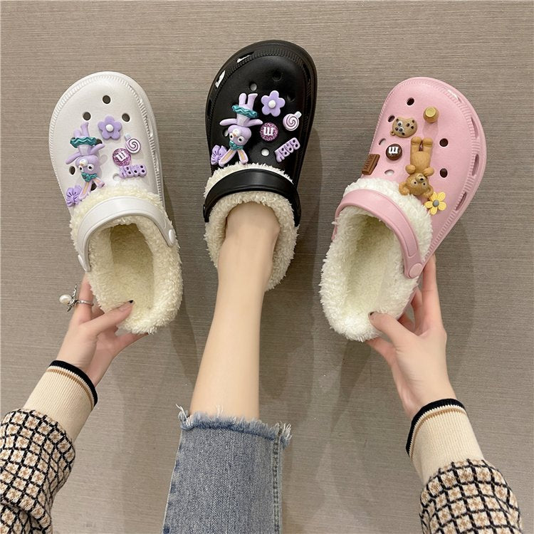 Autumn and winter new velvet thick bottom hole shoes female handmade DIY cartoon Korean version indoor and outdoor two wear a pedal cotton mop