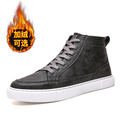 Leather shoes plus velvet warm high-top sneakers men's shoes autumn and winter men's casual Korean style sewing shoes all-match trendy shoes