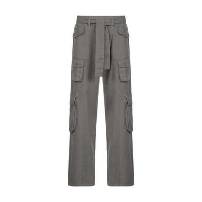 European and American style street hipster women's casual loose drawstring belt high waist pocket gray wide leg denim trousers