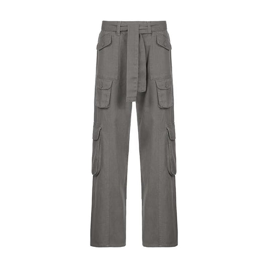 European and American style street hipster women's casual loose drawstring belt high waist pocket gray wide leg denim trousers
