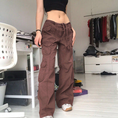 2022 new American retro multi-pocket old overalls women's cool street loose slim straight trousers trendy