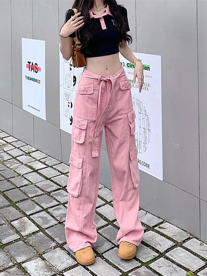 2022 new American retro multi-pocket old overalls women's cool street loose slim straight trousers trendy