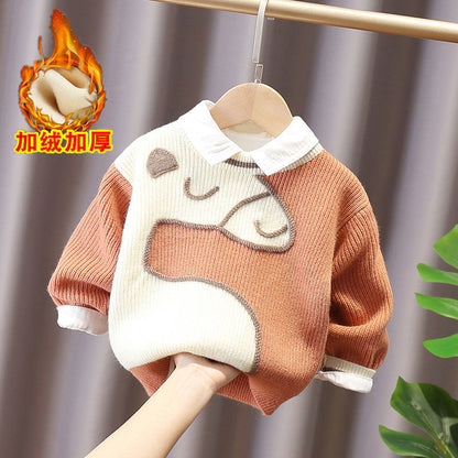 Boys sweater pullover children's knitted sweater thickened foreign style small and medium children's baby coat autumn and winter plus velvet thickening