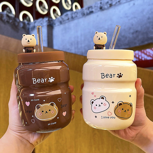 Cartoon Ceramic Straw Cup Cute High-value Bear Water Cup Mug Male and Female Student Household Cup Wholesale