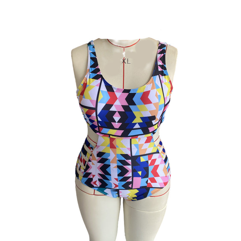 Cross-border new European and American women's large size one-piece swimsuit printed board belt sexy AliExpress plus fat bikini swimsuit