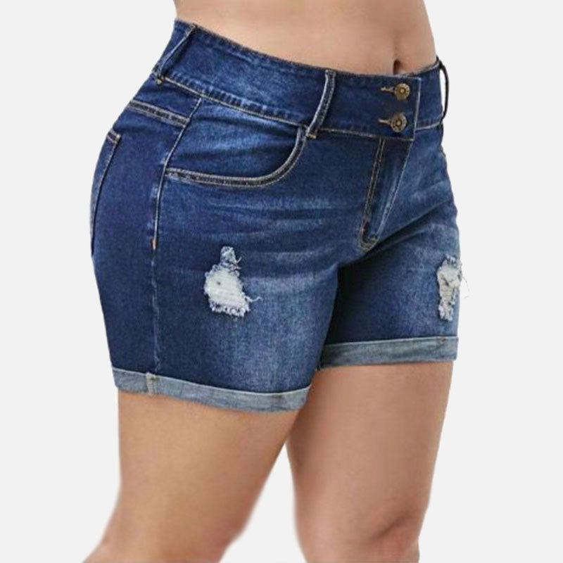 Plus Size Streetwear Push Up Slim Hip Cuffed Short Jeans Summer Women Ripped Casual Denim Shorts