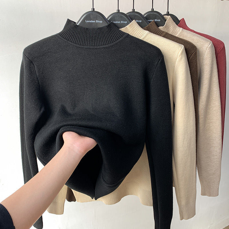 Winter Turtleneck Sweater Women Keep Warm Fleece Lined Knitted Pullovers Korean Fashion Velvet Basic Slim Knitwear Jumper Tops