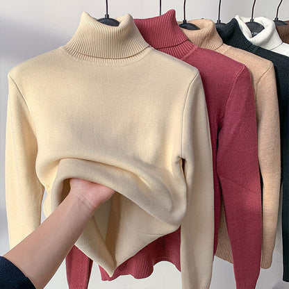 Winter Turtleneck Sweater Women Keep Warm Fleece Lined Knitted Pullovers Korean Fashion Velvet Basic Slim Knitwear Jumper Tops