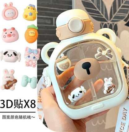 Cartoon Bear Children's Water Cup High-value Girls Straw Cup Outdoor Portable Large-capacity Messenger Plastic Water Bottle