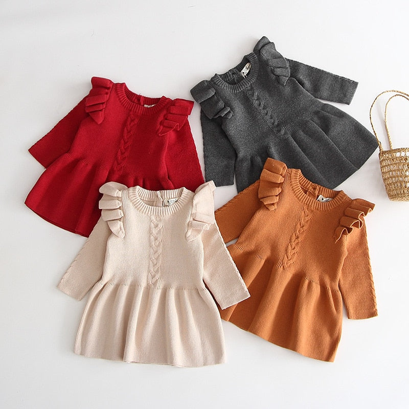 Cable Knit Frill Cap Long Sleeved Dress