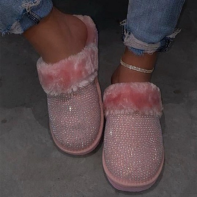 Luxury Fur Rhinestone Slippers for Women