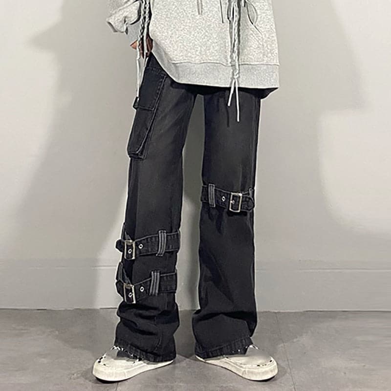 Goth Black Buckle Cargo Loose Jeans