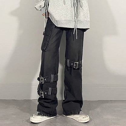 Goth Black Buckle Cargo Loose Jeans