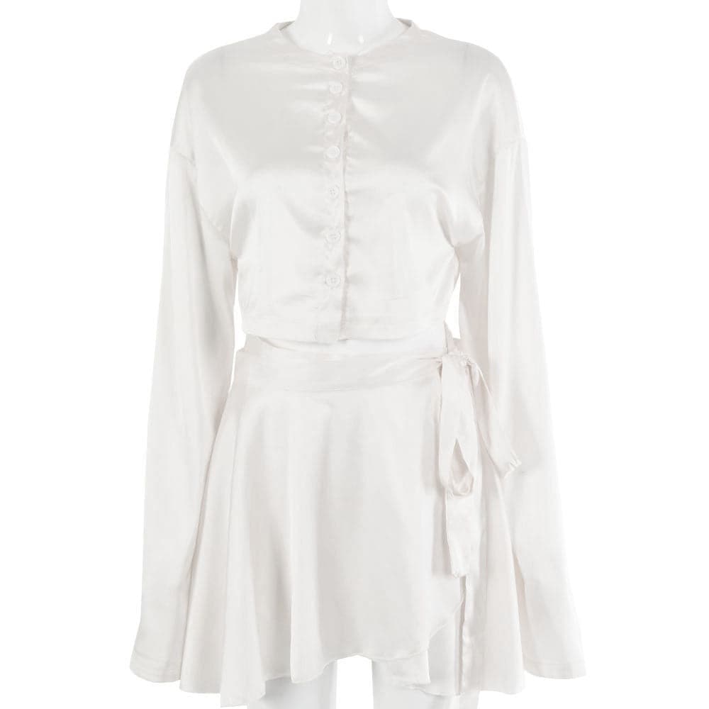 Satin Solid Lantern Sleeve Top & Shorts Set