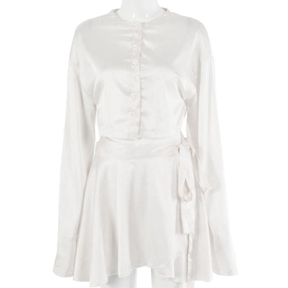 Satin Solid Lantern Sleeve Top & Shorts Set