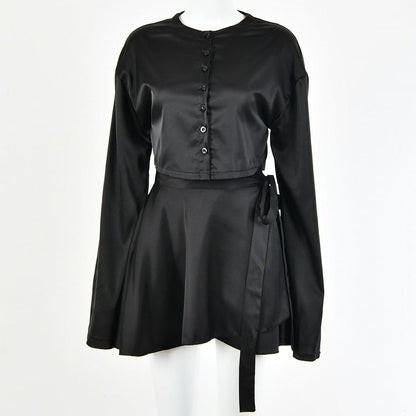Satin Solid Lantern Sleeve Top & Shorts Set