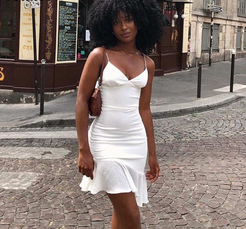 Purpdrank Elegant V Neck Ruffles Strap Sexy Bodycon Dress For Women 2023 Summer Sleeveless Office Lady Vintage Party White Dress