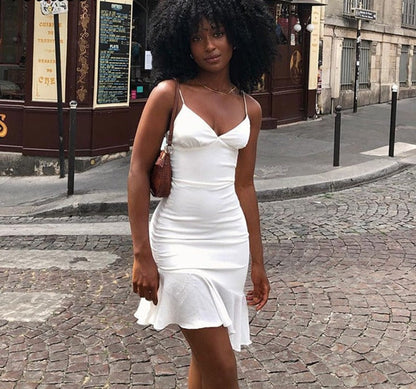 Purpdrank Elegant V Neck Ruffles Strap Sexy Bodycon Dress For Women 2023 Summer Sleeveless Office Lady Vintage Party White Dress
