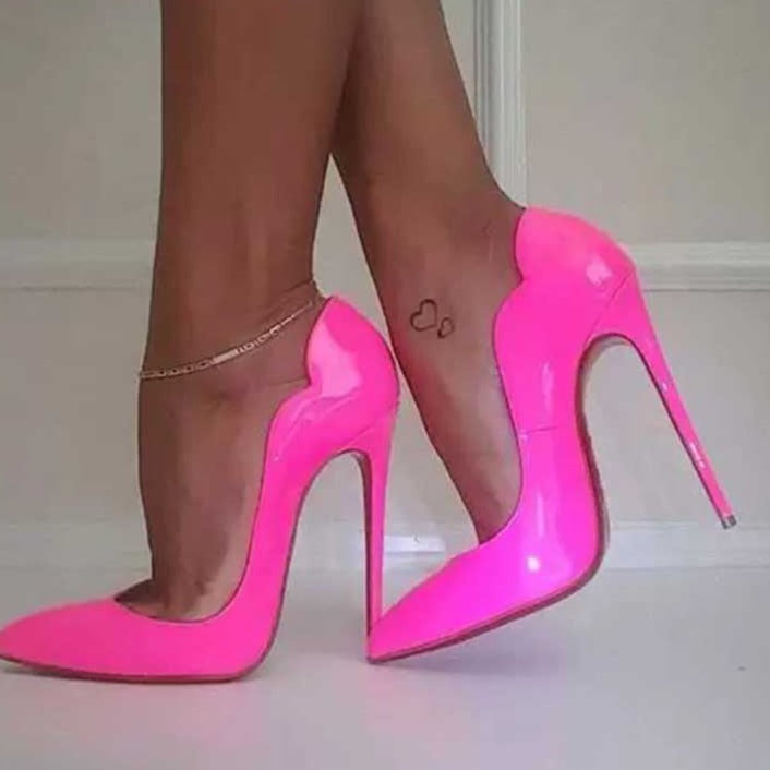Yodwl Pink Curl Upper Women Patent Pointed Toe Stiletto High Heels Sexy Ladies Party Dress Shoes Club Dance Pumps Plus Size