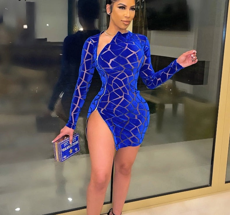 Ingvn Beyprern New Chic Zipped Mini Dress(Royal Blue) Womens Long Sleeve Side Slit Skinny Velvet Short Party Dress Birthday Outfits