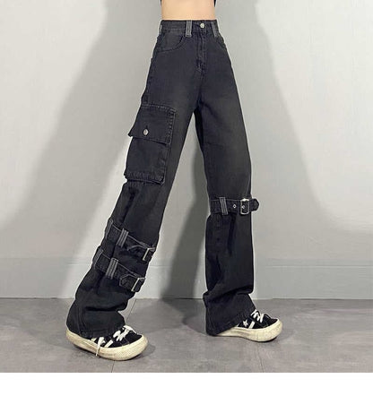 Goth Black Buckle Cargo Loose Jeans