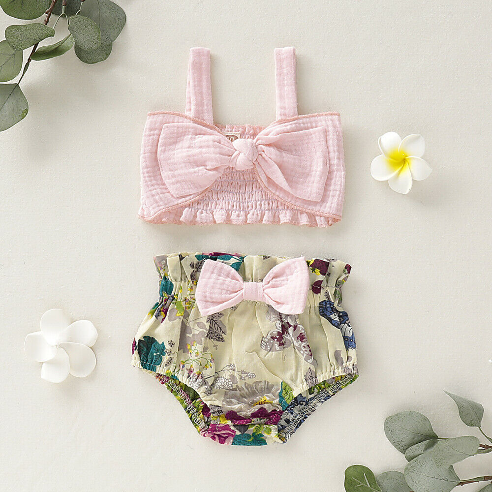 US Summer Newborn Baby Girl Clothes Bow Vest Tops+Floral Shorts Outfit Sunsuit