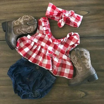 3pcs Infant Baby Girl Plaid Vest Tops Dress+Denim Pants+Headband Outfits Clothes